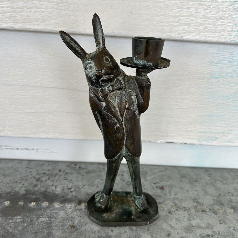 Vintage Bronze Rabbit Butler Waiter Candle Holder 7.5" Tall Tuxedo Bunny Décor